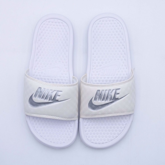 Nike Shoes - NEW Nike Benassi JDI Swoosh Slide Sandals 343881-102 White/Silver